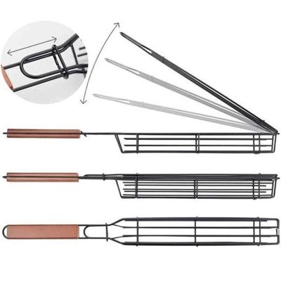 China Easily Cleaned Wooden Saber Handle BBQ Grill Basket HY-452 Set Non Stick Kebab Grilling Baskets for sale