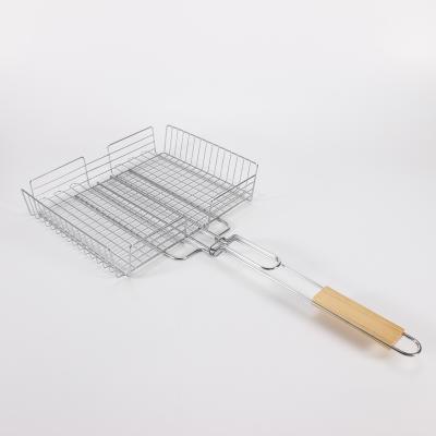 China 2021 Amazon Hot Sale Easily Cleaned Grill Basket For Barbecue Stainless Steel Grilling Net With Wooden Handle for sale