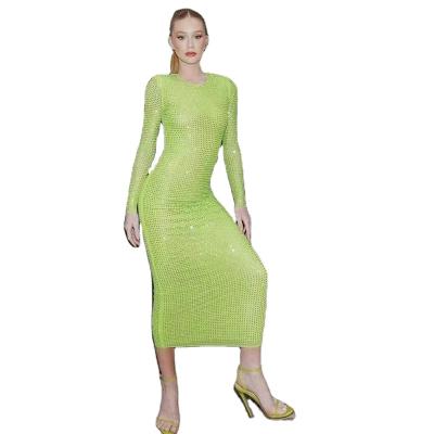 China Anti-Wrinkle Luxury Diamonds Long Sleeve Women Cocktail Dress Bandage Dress Celebrity Sexy Tight Evening Dress For Wedding Club Banquet for sale