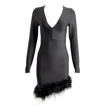 China OSTRICH Anti-wrinkle long sleeve celebrity bandage cocktail dress party dress wedding sexy club high quality elastic feather dress for sale