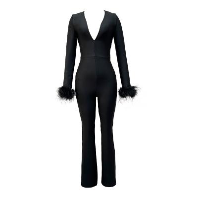 China Last Style Long Sleeve Breathable Ostrich Feather Women Jumpsuit Bodycon Dress Bandage Overalls Jumpsuit One-PCs Knitting Tight Garment for sale