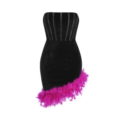 China New Arrival SS23 Anti-Wrinkle Wrap Belt Fishbone Ostrich Feather Strapless Sexy Women Dress Evening Party Dress For Cocktail Party for sale