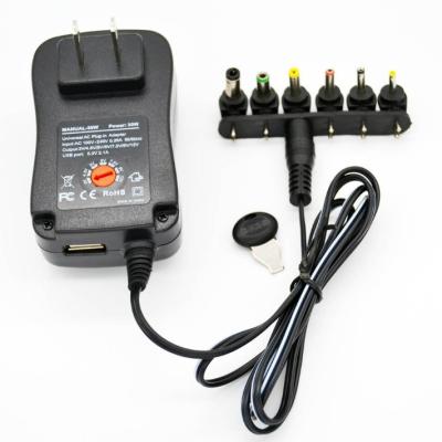 China AC100-240V Detachable Plug Power Adapter 30W Output 3-12V DC Adjustable 85% Efficiency for sale