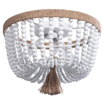 China Exterior Mounted White Color Wood Beaded Flush Mount Decorative Hemp Rope Ceiling Light for sale