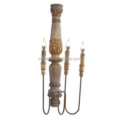 China Hot Sale Traditional 3 Lights Antique Wall Sconce Carved Wooden Wall Lamp Vintage Wall Light for sale