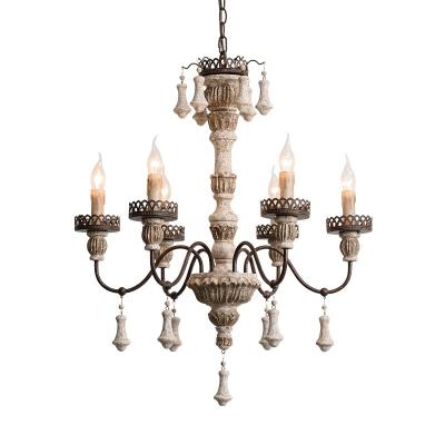 China Traditional American Style Antique Distressed Chandelier 6 Lights Rustic Solid Wood Pendant Light for sale