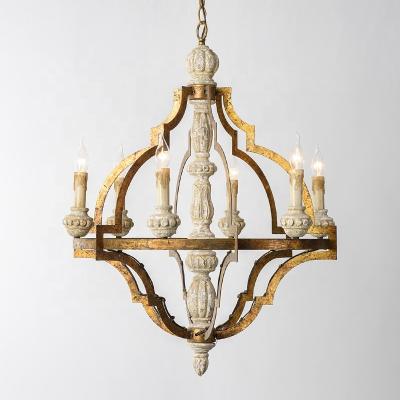 China Traditional American Country Antique Chandelier Solid Wood Wrought Iron Duplex Building Retro Lamp for sale