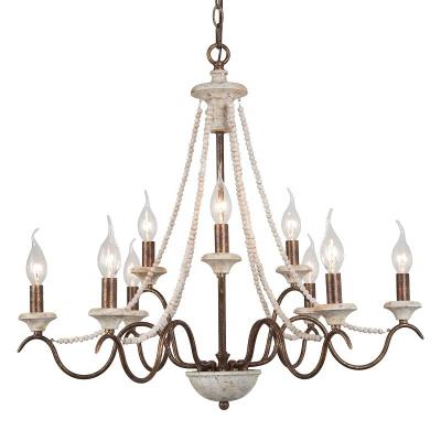 China 9 Lights Retro Country Traditional French Wood Chandelier Antique Gold Iron Vintage Light Fixture for sale