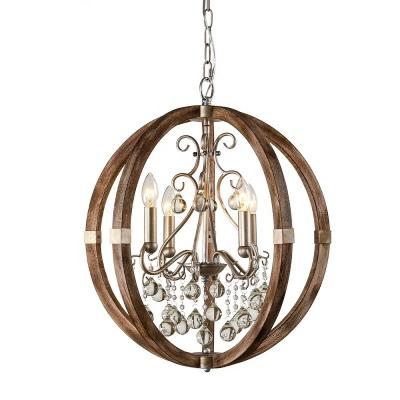 China Attic Solid Wood Globe Round Antique Lighting Wood Hanging Pendant Light Vintage Crystal Chandelier Lighting for sale