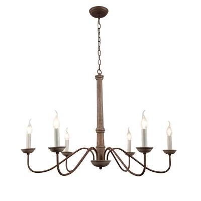 China Simple Vintage Wood Chandelier Iron 6 Lights Rustic Farmhouse Ceiling Lamp for sale