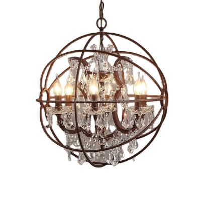 China Farmhouse Vintage Classic 6 Lights Clear Crystal Chandelier, Rustic Round Iron Retro GLOBE Pendant Light for Dining Room for sale