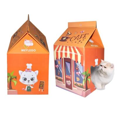 China 2021 New Style Fashionable Cardboard Cat House Milk Cat Box House Sustainable With Free Catnip for sale