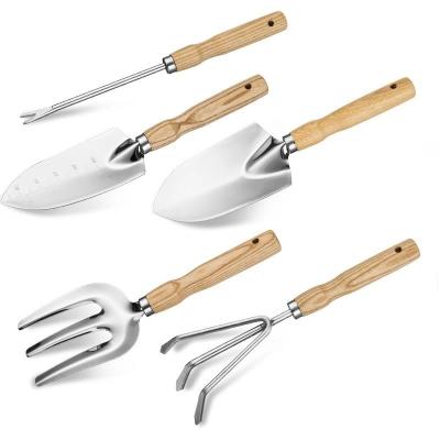 China CLASSIC Garden 5 PCS Stainless Steel Garden Hand Cultivator Set Wooden Handle Weeding Tool Kit for sale