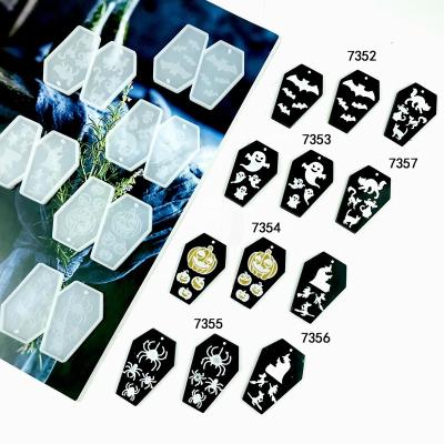 China Hot Selling Viable Halloween Coffin Shape With Ghost Bat Cobweb Witch Cat Resin Earring Casts Crystal Epoxy Silicone Pendant Mold for sale