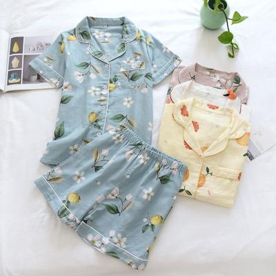 China Hot sale QUICK DRY products fruit printing cotton gauze fabric summer cotton pajamas women suit for sale