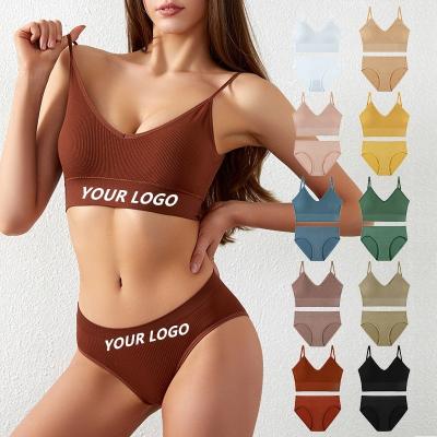 China QUICK DRY Custom Women Logo Letter Teenagers Sports Underwear Cotton Panties Wire Free Girls Soft Crop Top Ribbed Seamless Set Bra for sale