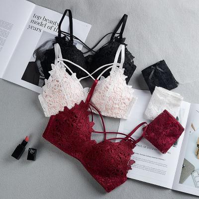 China Wholesale Women's Small Cup Lift Up QUICK DRY Front Sexy Two-Piece Cross Front Sexy Two-Piece Removable Breathable Gathering Maid Lace Transparent Bra Set for sale