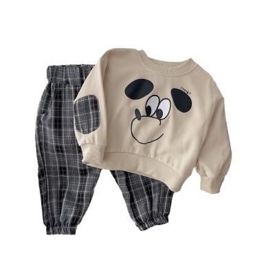 China New autumn casual men's children's cartoon beige dog hoodie plaid long-sleeved pants suit for sale