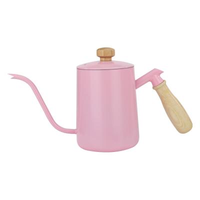 China Newest Design Solid Color 600ml Stainless Steel Modern Goose Neck Mocha Kettle Hanging Ear Teflon Wooden Handle Hand Brew Coffee Pot for sale