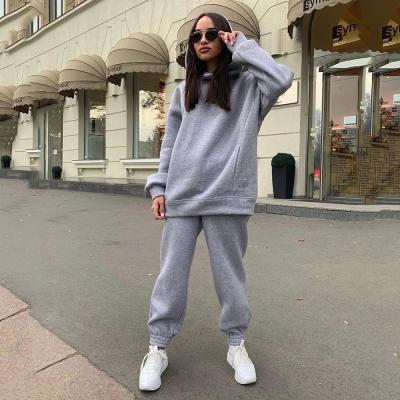 China 2021 Begonia Solid Sweatpant Fleece Breathable Women Two Piece Set Loose Long Sleeve Pockets Sports Ladies Suit for sale