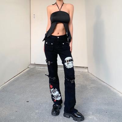 China Others 2021 Begonia Vintage Patchwork Jeans Fashion High Waist Boot Cut Pants Women Independent Grunge Urban Pants for sale