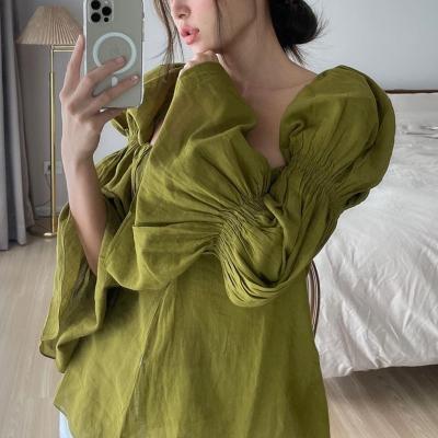 China New Begonia Autumn Breathable Soft Cute Square Collar Tops Pleated Sleeve Design Flared Blouse For Women for sale