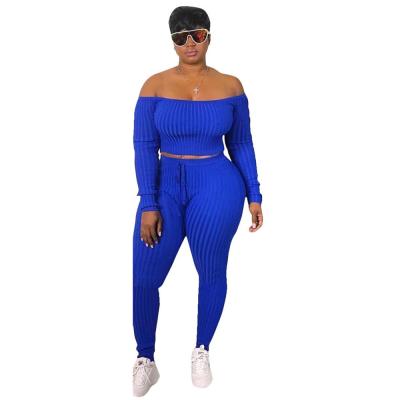 China Begonia High Quality New Arrivals Women's Solid Plus Size Ribbed Knitted Skinny Long Sleeve Off The Shoulder Crop Top Long Pants 2 Pieces Set for sale