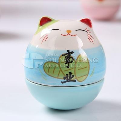 China Home Decorations.Gifts Fortune Dolomite Ceramic Cat Design Blue Tumbler With Painting Home Decoration for sale