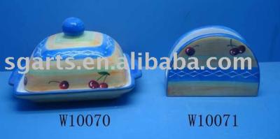 China Ceramic Handmade Dolomite Painting Design Napkin Holder And Butter Dish for sale