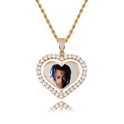 China Custom Hiphop Photo Rotating Tennis Zircon Chain Men's Double Sided Hip Hop Jewelry Heart Pendant Necklace 4mm for sale