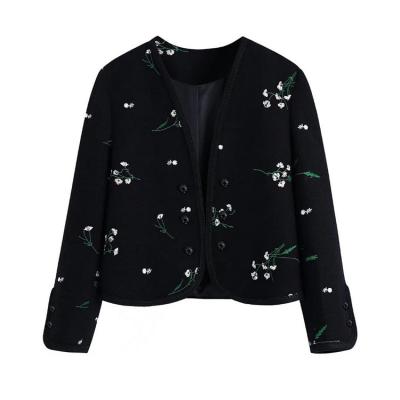 China Breathable Vintage Long Sleeve Black Button-Up Female Outerwear Embroidered Textured Coat for sale