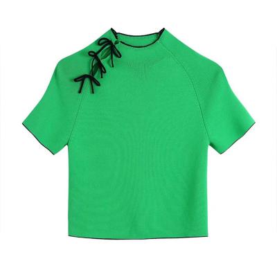 China Breathable Green Color Cute Side Lace Up Design Womens T-Shirts Arc-Embellished Knitted Top for sale