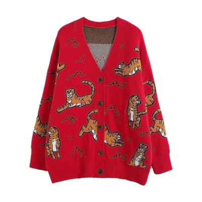 China Anti-wrinkle Red Knit Jacket Pattern Jacket Animal V-neck Knit Cardigan For Women for sale