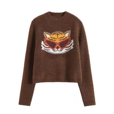 China New Brown Color Vintage Crew Neck Breathable Causal Pullover Sweater Animal Print Sweater for sale