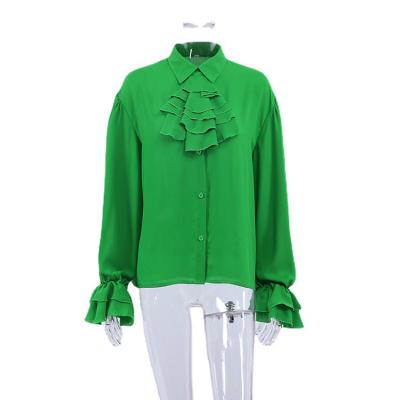 China 2022 Spring Fashion Shirt Breathable Chiffon Perspective Ruffle Top Slim Design Green Shirt for sale