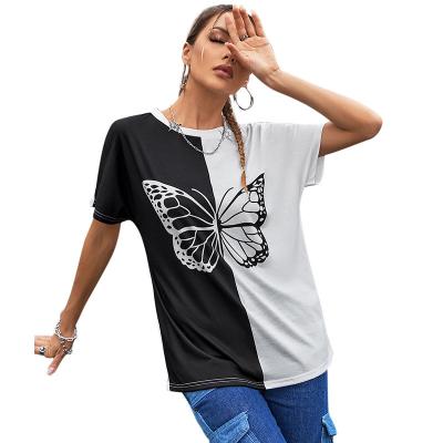 China Wholesale Color Matching Round Neck Tie QUICK DRY 2022 Spring New Mid Long Graphic T-Shirt Dyeing Short Sleeve Ladies T Shirt for sale