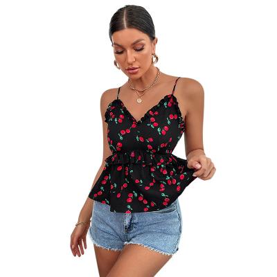 China 2022 QUICK DRY spring and size cherry outerwear new fashion women's clothing summer black printing sleeveless camisole top women for sale