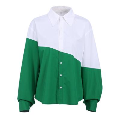 China New breathable style shirt women splicing shirt 2022 fashionable color contrast top design spring loose women's wear for sale