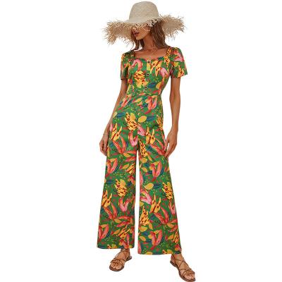 China 2022 New SPERREAL High Waist Round Short Sleeve Breathable Printed Straight Pants Slim Long Cami Jumpsuit for sale