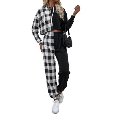 China Fashion Women's Fashion Polyester/Cotton Autumn Premieres Black And White Plaid Sportswear Two-piece Splicing Hooded Suit for sale