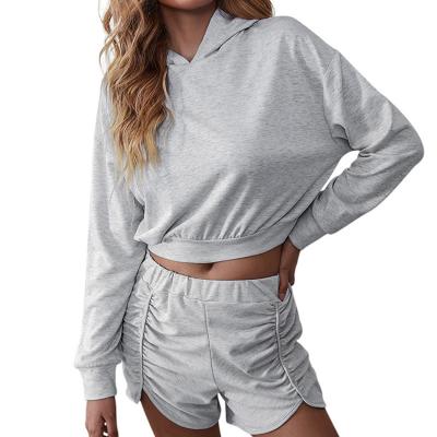 China Polyester / Cotton Autumn light gray hooded women's sweater suit casual shorts fashion suit for sale