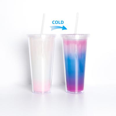 China Custom Viable Magic Logo Cold Double Wall Reusable Plastic Color Changing Cup With Lid And Straw for sale