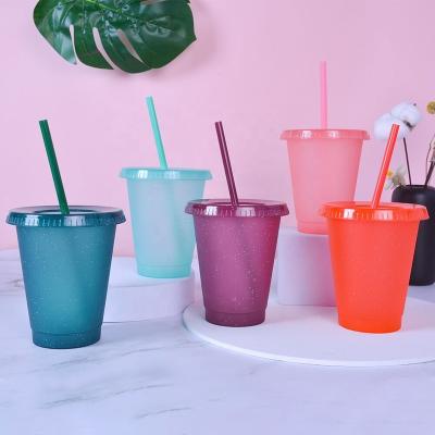 China Sustainable Reusable 16oz 480ml Glitter Frosted Plastic Drink Cups With Lids Straws for sale