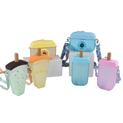 China Cute Creative Sustainable Kawaii Ice Cream Popsicle Shape Plastic Water Bottle With Straw And Strap for sale