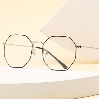 China 15 Years Experience Solid Color Metal Small Face Glass Myopia Frame Retro Flat Mirror Full Art Thin Anti-Blue Light Polygonal Transparent Frame Flat Mirror for sale