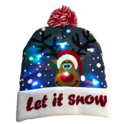 China LED COMMON Xmas Knitted Pompom Beanie Hat Sweater Winter Festival Party Gifts Adults Kids Beanie Hats for sale