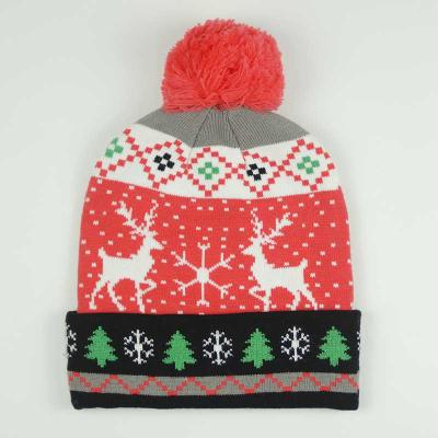 China COMMON Custom OEM Embroidered Logo Bobble Knitting Hat 100% Acrylic Winter Jacquard Knit Christmas Custom Beanie for sale