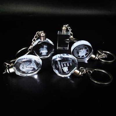 China Europe New Custom Luxury Cheap 3d Laser Engraving Car Brand/Photo/Logo Empty Leaded Crystal/Acrylic/Glass Light Changing Key Chain for sale