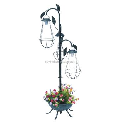 China Outdoor Premium Solar Metal Lamp Post With Hanging 3 Cocos Baskets And Solar Planter for sale