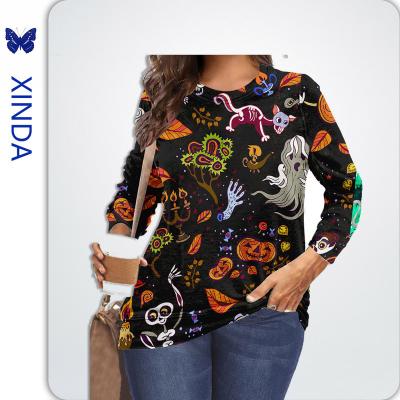 China Anti-pilling 2022 summer fashionable casual printed knit fabric long sleeve O-neck T-shirts women tops fashionable for sale